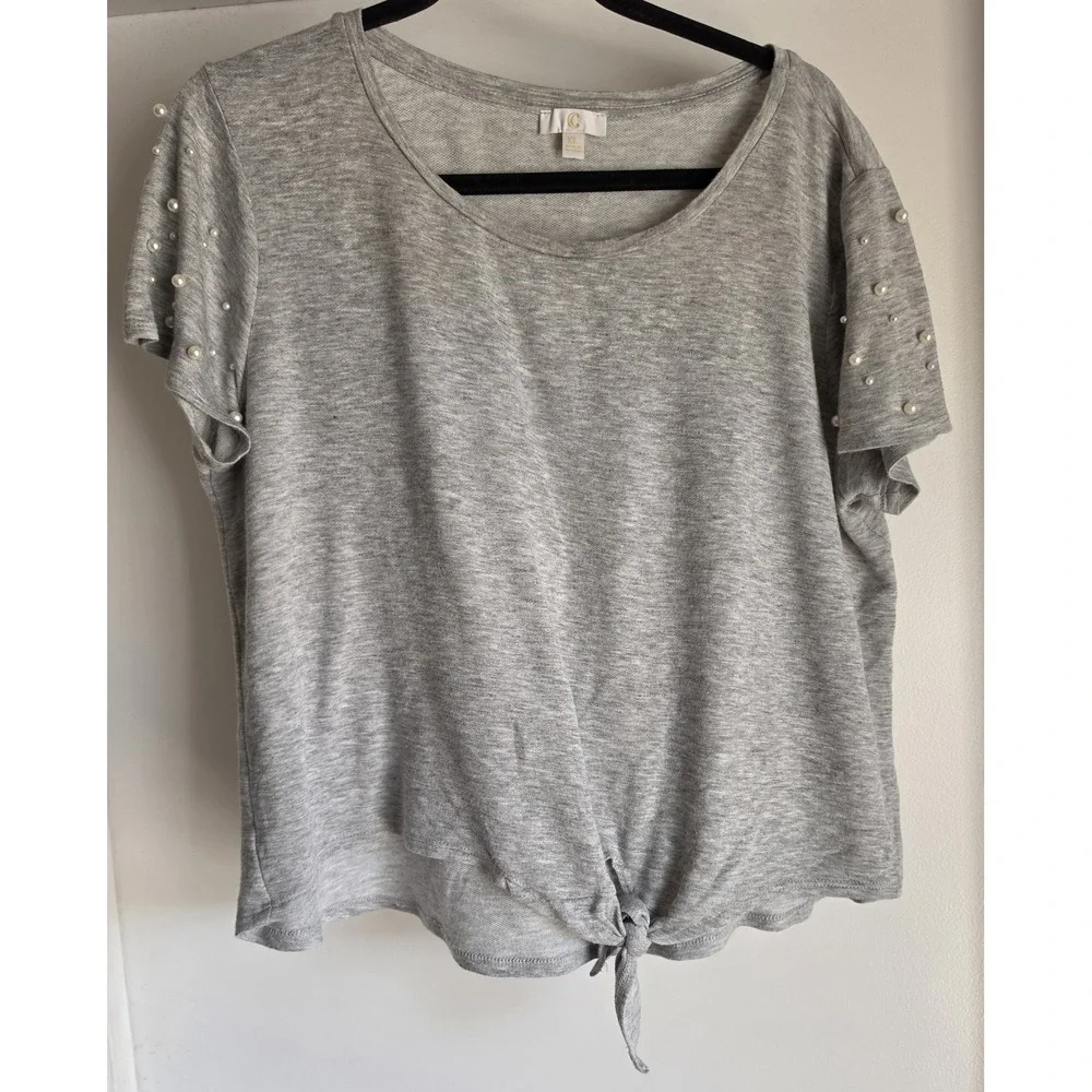 C T-Shirt Women XL Grey Round Neck Pearl Short Sleeve Casual Top Tee Front Tie